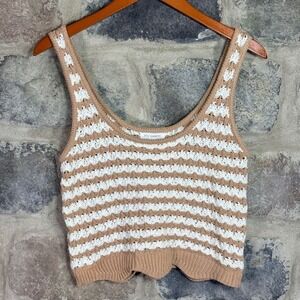 Blu Pepper Crochet Knit Crop Tank Top White Tan Striped V Neck Women's Large